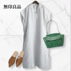 無印良品 リネン洗いざらしスキッパーカラー半袖ワンピース L リネン100％