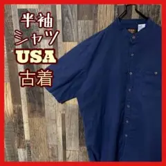 ネイビー メンズ L ワーク 無地 シャツ USA古着 90s 半袖