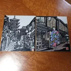 ハンドメイド 手芸品 切り絵 色紙 季節飾り 清水寺 京舞妓 2枚セット⑭