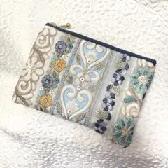 《96》再販　インド刺繍リボンポーチ　ブルー
