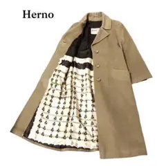 Herno カシミヤ混 チェスター ロングコート スカーフ柄 マキシ丈 キャメル