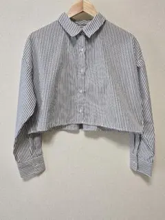 ショート丈 シャツ ブラウス 長袖 ストライプ M 韓国