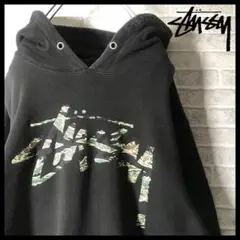 【即完売モデル!】ステューシー パーカー ビッグロゴ 刺繍 M 黒 希少人気古着