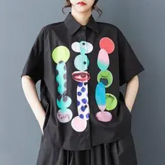 カラフル シャツ ブラウス プリント カジュアル 半袖 トップス 通勤 折り衿
