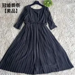 【美品】冠婚葬祭　ブラックワンピース　プリーツ　ドッキング　フレア　花柄レース