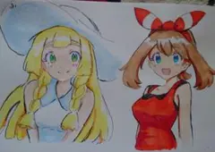ポケモン　ポケットモンスター　リーリエ　ハルカ　手描きイラスト　ファンアート