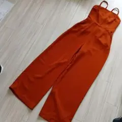 オレンジ ワイドレッグ サロペット