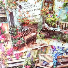コラージュペーパー　木製のベンチ　40枚　花のある風景　ジャンクジャーナル素材