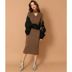 ブラウン ニット ロングワンピース Vネック