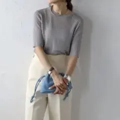 新品ボンジュールサガングレー 半袖 ニット トップス五分袖ラメニットプルオーバー