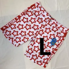 訳アリ｜赤星柄ハーフパンツ｜個性派ストリート系｜刺繍ワッペン付｜Lサイズ相当