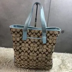 コーチ レザー キャンバス ハンドバッグ 水色