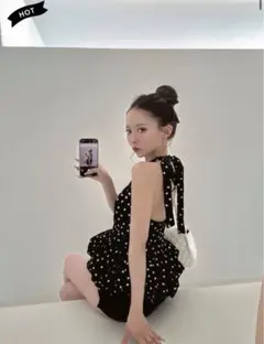 back ribbonドットペプラムトップス
