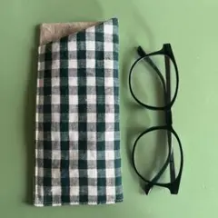 ハンドメイド　handmade メガネケース　麻　老眼鏡　チェック　グリーン