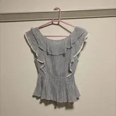 ストライプ フリル ノースリーブ トップス