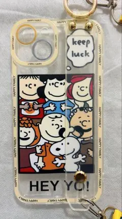 スヌーピー iPhone 14 ケース ストラップ付き