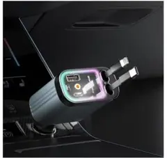 シガーソケット車載充電器USB & USB-CType-C巻き取り式 ブラック