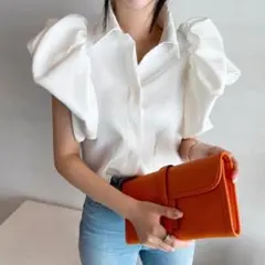 パフスリーブ✨ミニショートシャツ ラペルデザイン お洒落トップス　薄地