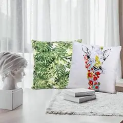 クッションカバー 2個セット 46×46㎝ 綿 コットン キリン 緑 植物