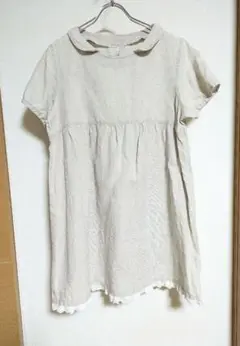 リネン ベージュ 襟付きワンピース