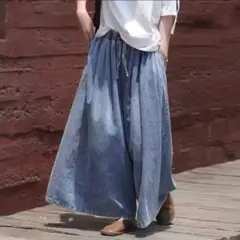 デニム　ガウチョパンツ　ゆったり　ワイドパンツ　楽チン　普段着　体型カバー