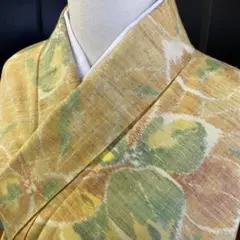 【和】10783c 着物 紬 葉文様 しつけ付き