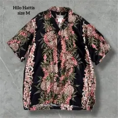 ヒロハッティー アロハシャツ ブラック グリーン ピンク花柄 ハワイ製 B081