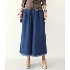 デニムブルー ガウチョパンツ 裾フリンジ 3XL