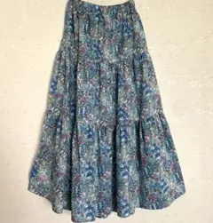 ハンドメイド　コットンローン　ブルー花柄　3段切替ティアードロングスカート