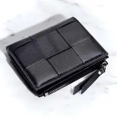 【新品】高級羊革 ２つ折り財布 イントレチャート 黒 小銭入れ 本革 ウォレット