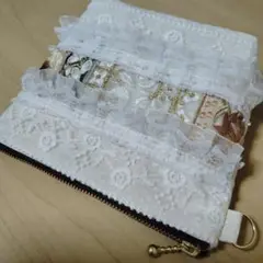インド刺繍リボンのポーチ　レース付き　16cmファスナー