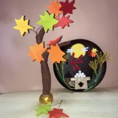 秋の風景飾り　アートプレート もみじセットお月見　赤とんぼ　ハンドメイド