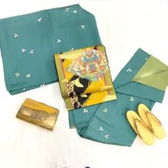 【1194】着物 小紋 袷 正絹 単品販売♪ 緑色