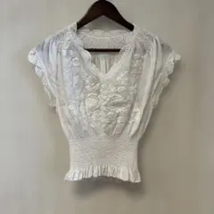 刺繍入り 半袖 フォークロアブラウス ホワイト