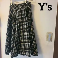 Y's チェック柄ツイードWOOLのフレア巻スカート 膝下丈M~L