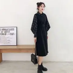 超新 重ね着風ワンピース シャツ 長袖rv