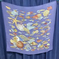 美品　エティエンヌアイグナー　大判　スカーフ　魚　海　貝　シルク　絹　海