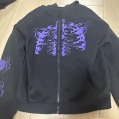 ブラック ジップアップパーカー 紫スパイダー