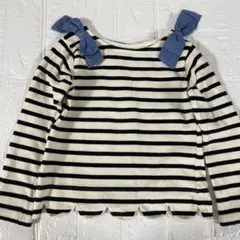 プティマイン スカラップボーダー 長袖Tシャツ 肩リボンつき裾スカラップ 110