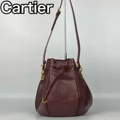 【美品】カルティエ ショルダーバッグ 巾着 マストライン レザー ボルドー