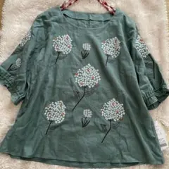 刺繍花柄グリーン五分袖チュニック L
