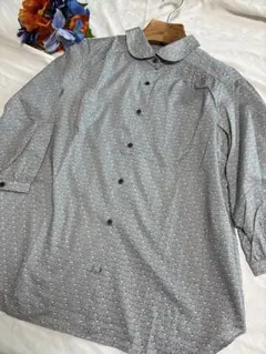 【パークス】parkes アヒル模様のグレーシャツ 七分袖 M 丸襟