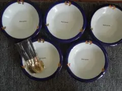 【未使用品】　陶器のスープ皿5枚セットとスプーン5本