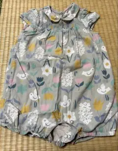 Mon caramel花と鳥のプリントロンパース 6M-12M