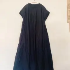 黒 半袖ロングワンピース ラウンドネック Aライン L シャツワンピ 夏