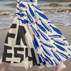 ボヘミアン風レディース魚アートプリントフレアスカート
