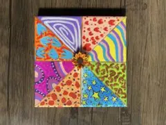 『enjoy』抽象画　アクリル画　つまみ細工 キャンバス18×18 インテリア