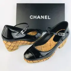 美品★ CHANEL・パテントレザー マトラッセステッチ サンダル(341/2)