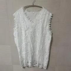 レース装飾 ノースリーブシャツ 1XL 白