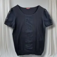 アマカ 半袖ブラウス 異素材切替 ネイビー 40サイズ 上品 通勤 きれいめ